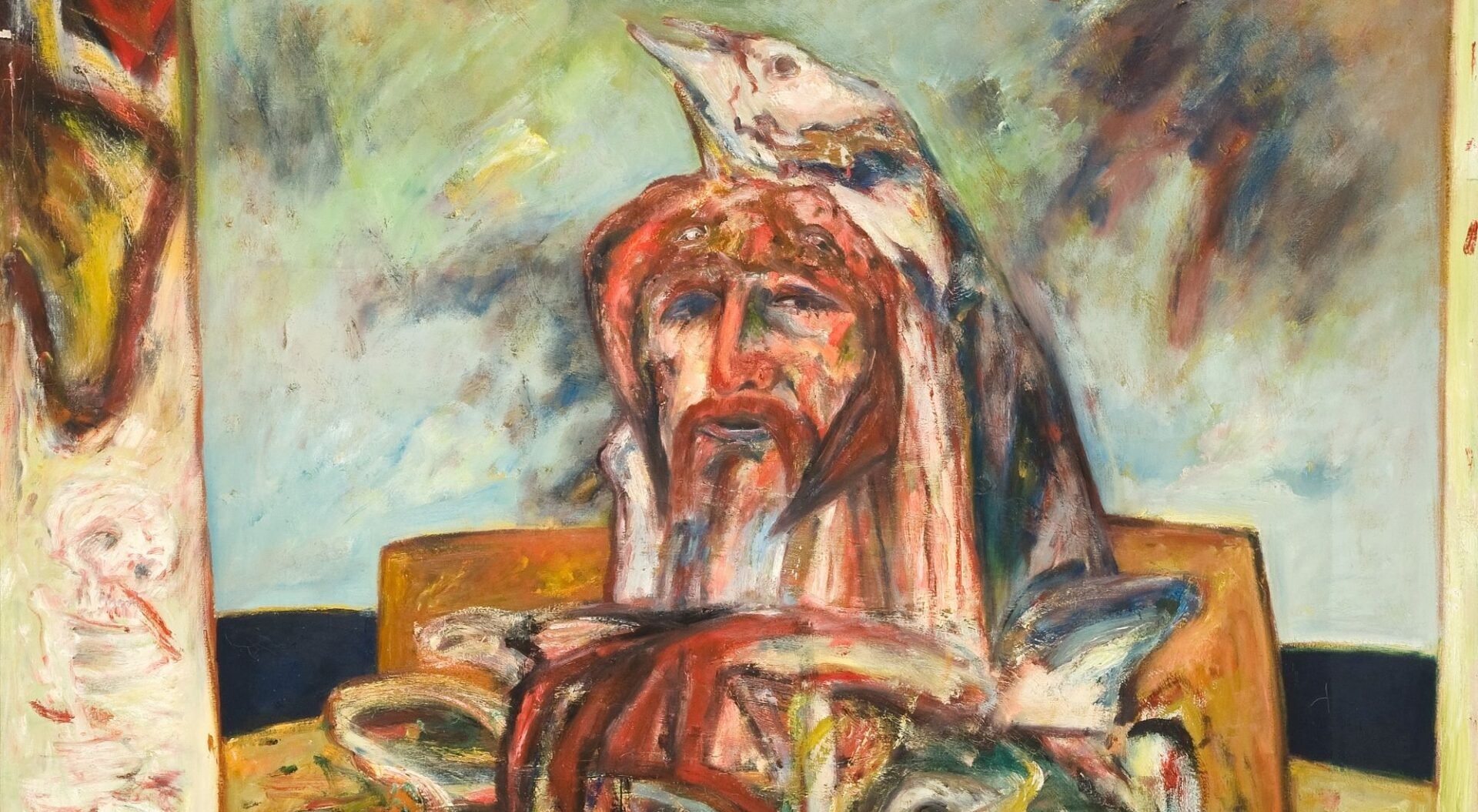 Painting in shades of red, cream and brown of a man's head with a seagull